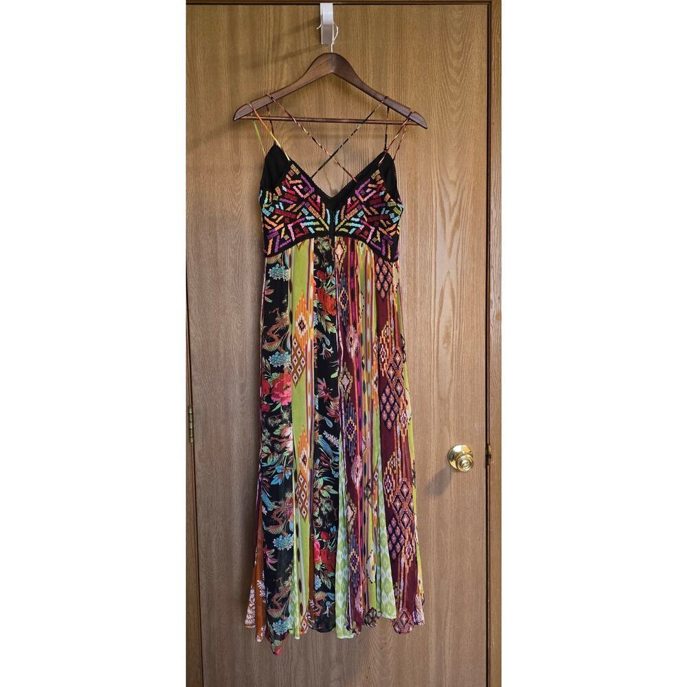 Anthropologie Multi Print V Neck Embroidered Geometric Maxi Dress - Picture 4 of 14